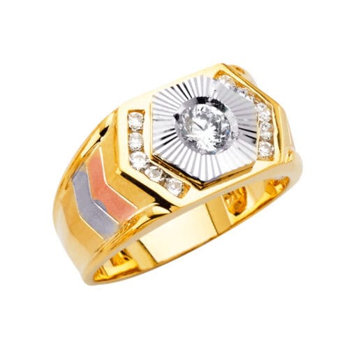 14K Tri Color Gold Men's Cubic Zirconia Ring