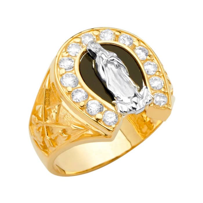 14K Tri Color Gold Horse Shoe Men's Cubic Zirconia Ring w/Guadalupe