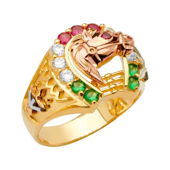 14K Tri Color Gold Horse Shoe Men's Cubic Zirconia Ring