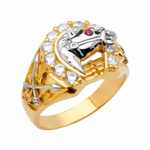 14K Two Tone Gold Horse Shoe Men's Cubic Zirconia Ring