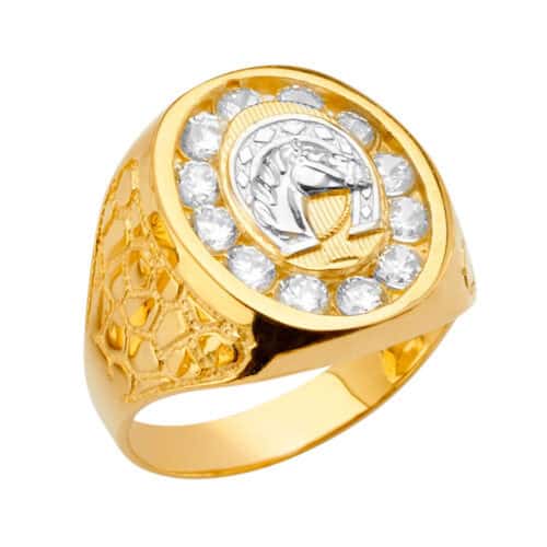 14K Yellow Gold Horse Men's Cubic Zirconia Ring