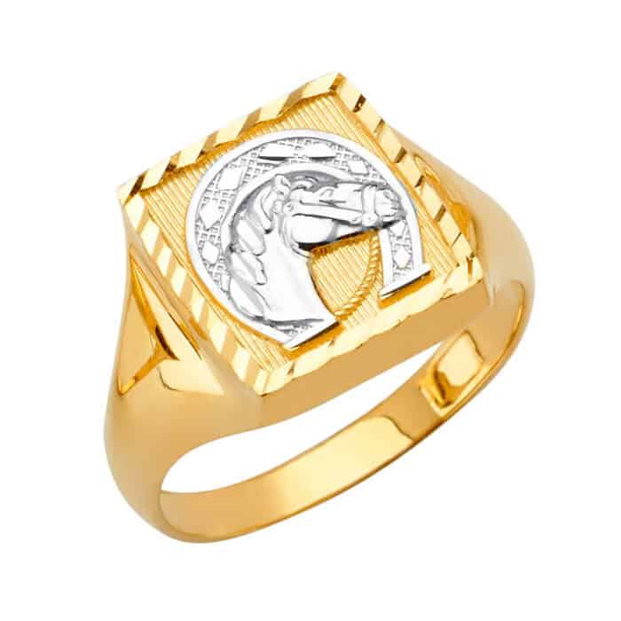 14K Yellow Gold Square Men's Ring w/Horse Shoe