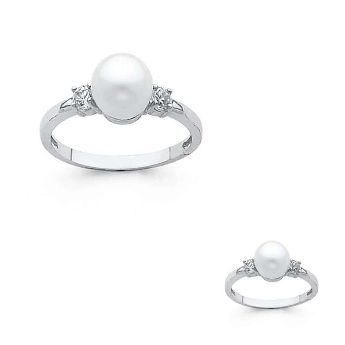 14K White Gold 8mm Pearl & Cubic Zirconia Ring - Image 3