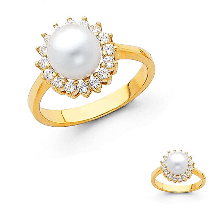 14K Yellow Gold 8mm Pearl & Cubic Zirconia Ring - Image 3