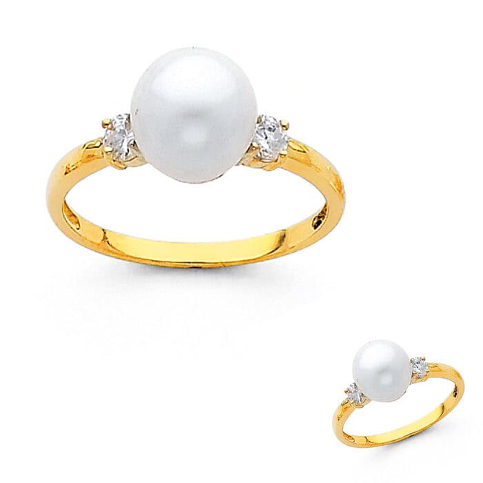14K Yellow Gold 8mm Pearl & Cubic Zirconia Ring - Image 3