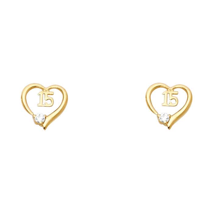 14K Yellow Gold 15Year Heart Cubic Zirconia Stud Earrings w/Screw