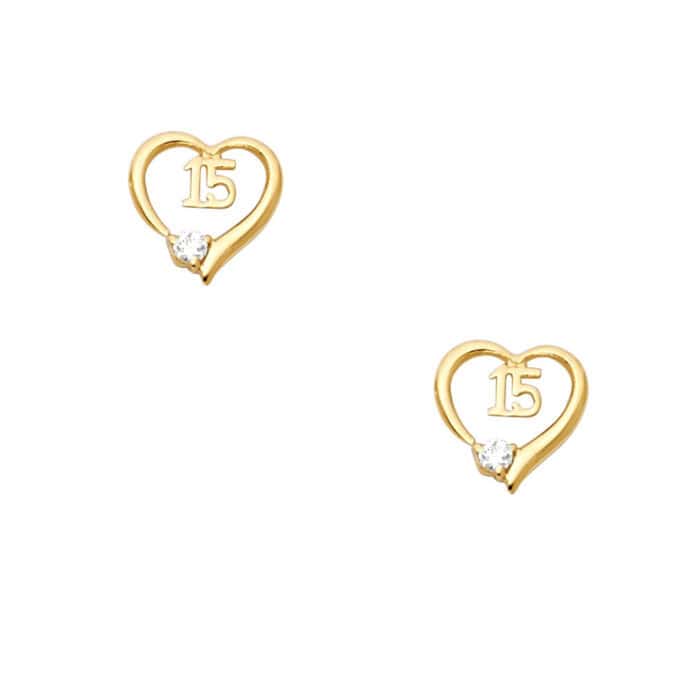 14K Yellow Gold 15Year Heart Cubic Zirconia Stud Earrings w/Screw - Image 2