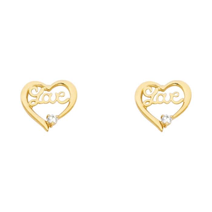14K Yellow Gold LOVE Heart Cubic Zirconia Stud Earrings w/Screw