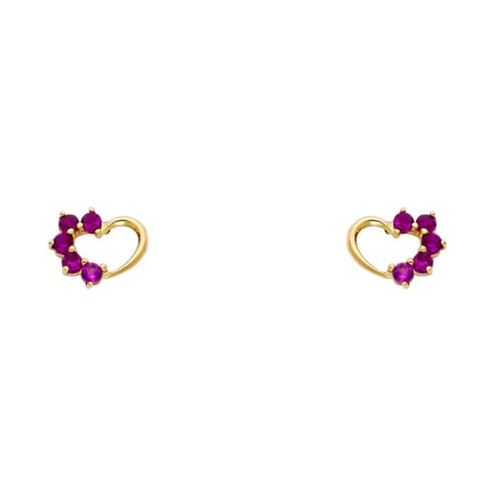 14K Yellow Gold Heart Red Cubic Ziconia Stud Earrings w/Screw