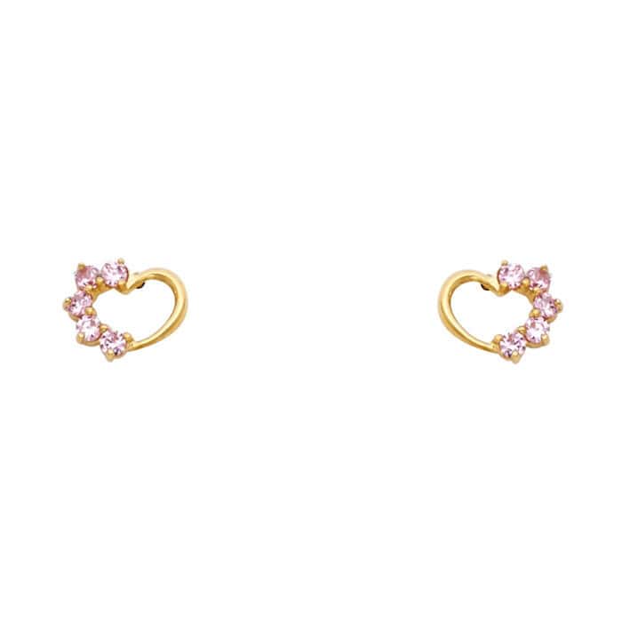 14K Yellow Gold Heart Cubic Zirconia Stud Earrings w/Screw