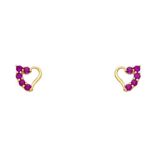 14K Yellow Gold Heart Red Cubic Zirconia Stud Earrings w/Screw