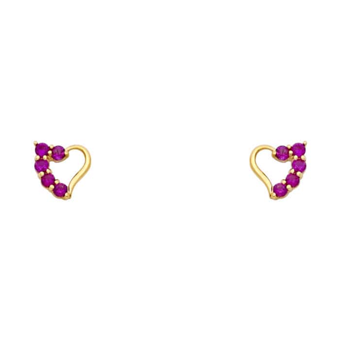 14K Yellow Gold Heart Red Cubic Zirconia Stud Earrings w/Screw