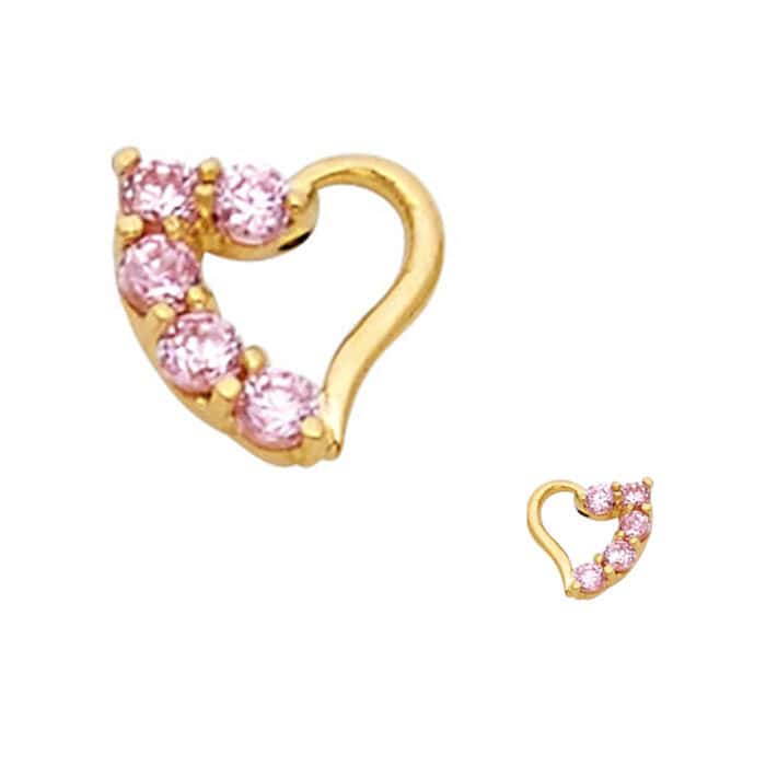 14K Yellow Gold Heart Pink Cubic Zirconia Stud Earrings w/Screw - Image 2
