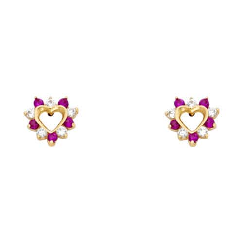14K Yellow Gold Heart Cubic Zirconia Stud Earrings w/Screw
