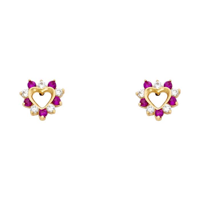 14K Yellow Gold Heart Cubic Zirconia Stud Earrings w/Screw
