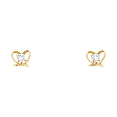 14K Yellow Gold Heart Cubic Zirconia Stud Earrings w/Screw