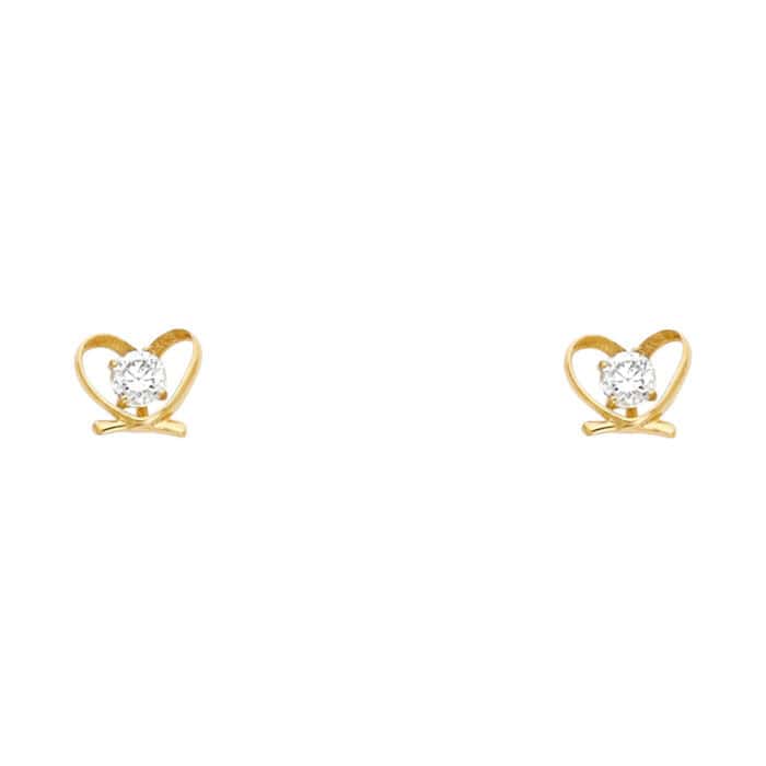 14K Yellow Gold Heart Cubic Zirconia Stud Earrings w/Screw