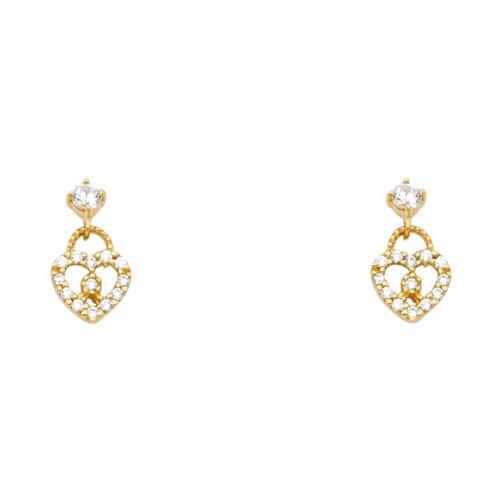 14K Yellow Gold Heart Cubic Zirconia Stud Earrings w/Screw