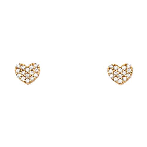 14K Yellow Gold Heart Cubic Zirconia Stud Earrings w/Screw