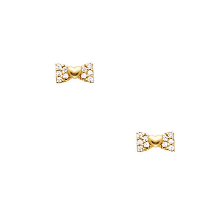 14K Yellow Gold Ribbon Cubic Zirconia Stud Earrings w/Screw - Image 2
