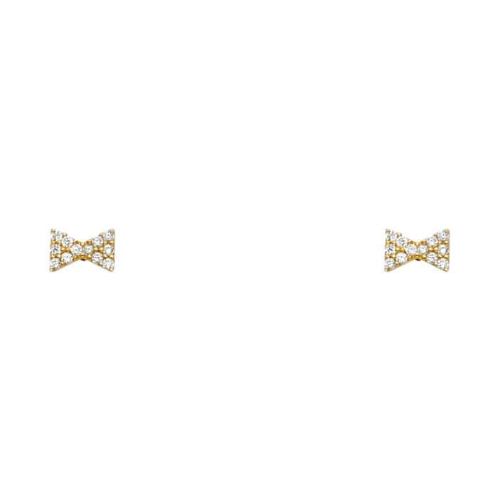 14K Yellow Gold Ribbon Cubic Zirconia Stud Earrings w/Screw
