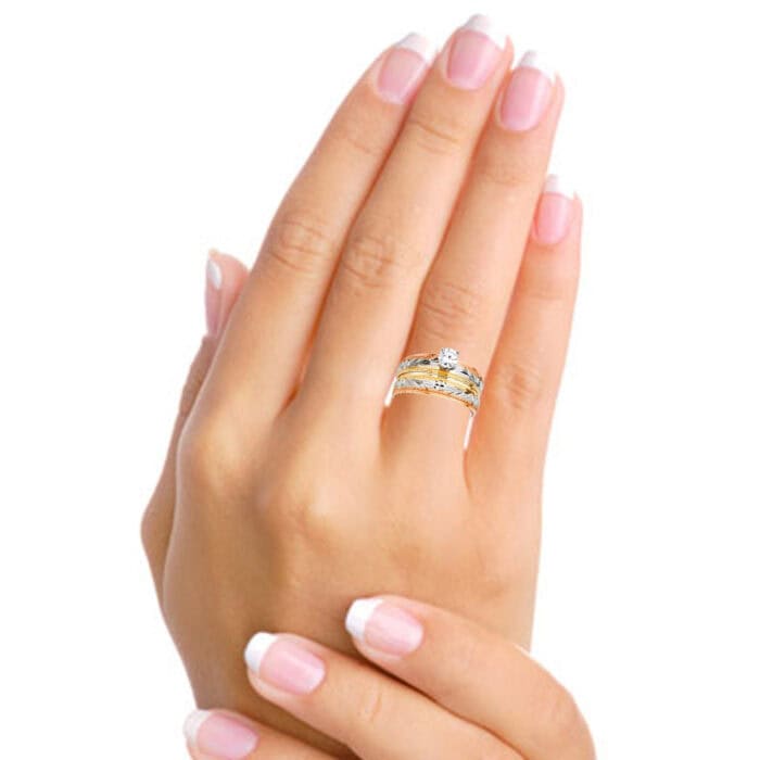 14K Tri Color Gold Cubic Zirconia Engagement Ring and Ladies Wedding Band Set - Image 4