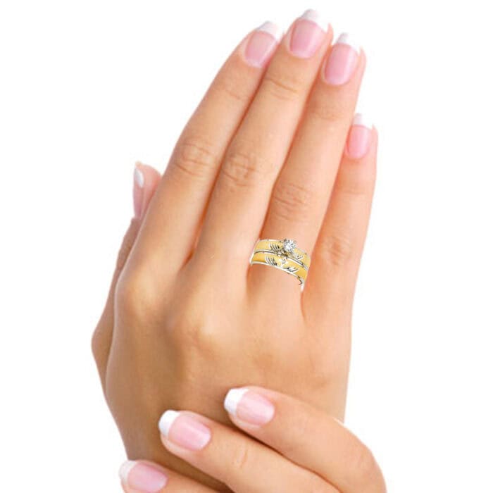14K Two Tone Gold Cubic Zirconia Engagement Ring and Ladies Wedding Band Set - Image 4