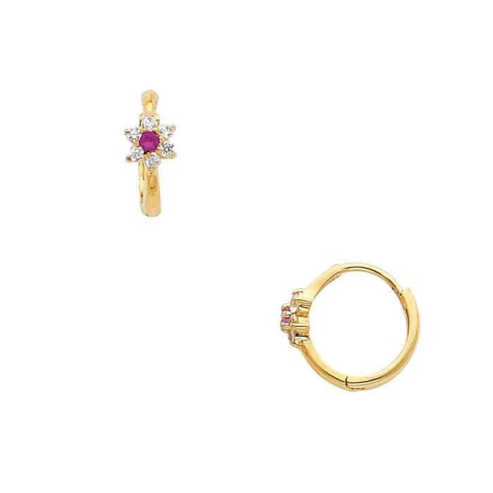 14K Yellow Gold Flower Cubic Zirconia Huggies Earrings - Image 3