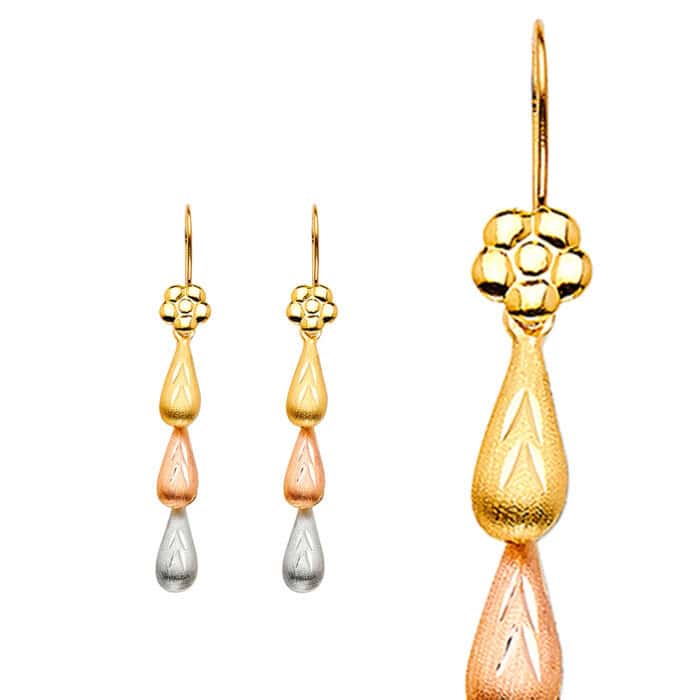 14K Tri Color Gold Hollow 3 TeardropS Hanging Earrings - Image 4