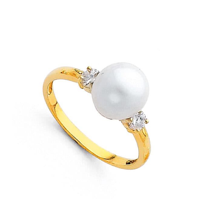 14K Yellow Gold 8mm Pearl & Cubic Zirconia Ring - Image 2