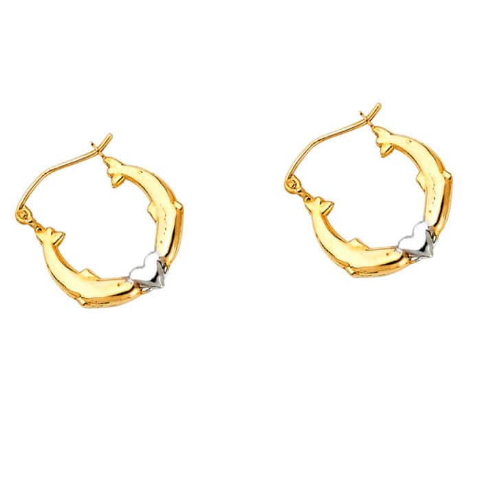 14K Two Tone Gold Dolphin Hollow Hoop Earrings - Image 3