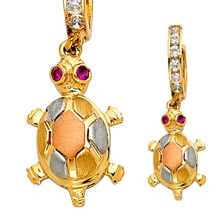 14K Tri Color Gold Cubic Zirconia Hanging Huggies Earrings - Image 2