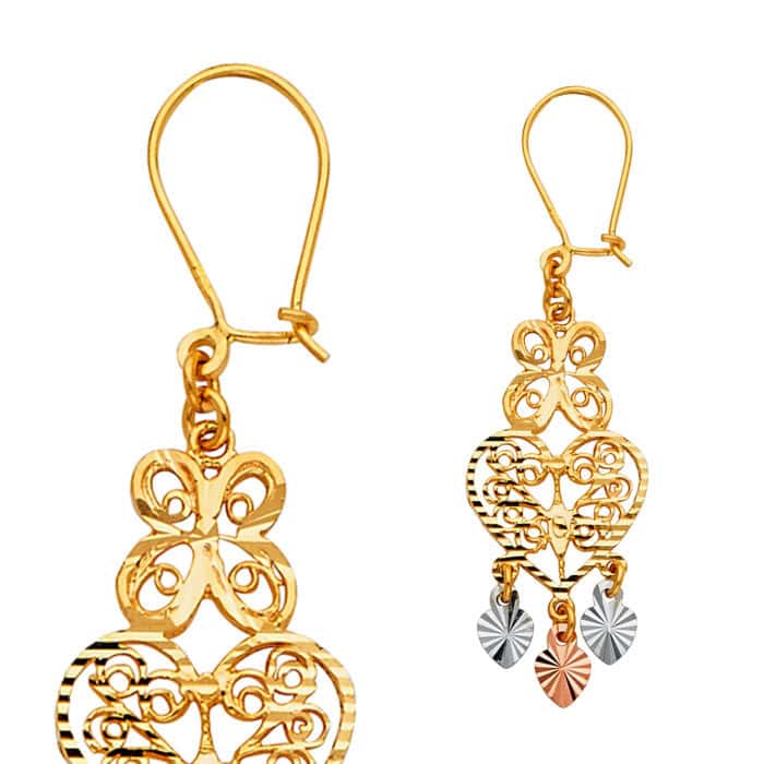 14K Tri Color Gold Diamond Cut Channeldelier Hanging Earrings - Image 2