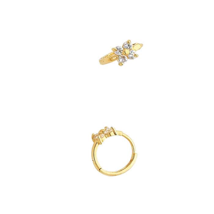 14K Yellow Gold Flower Cubic Zirconia Huggies Earrings - Image 2