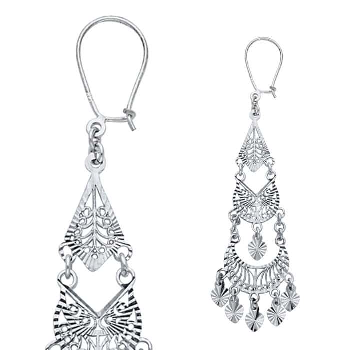 14K White Gold Diamond Cut Channeldelier Hanging Earrings - Image 3
