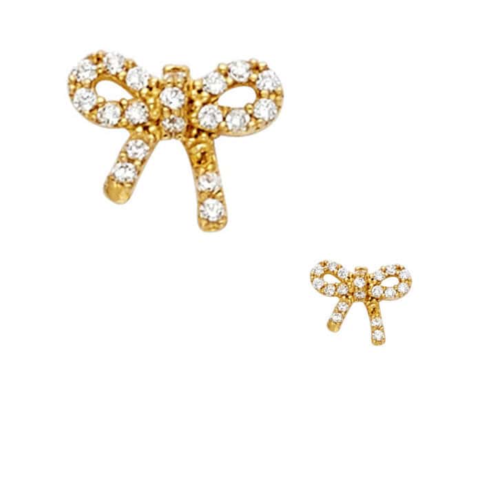 14K Yellow Gold Ribbon Cubic Zirconia Stud Earrings w/Screw - Image 2