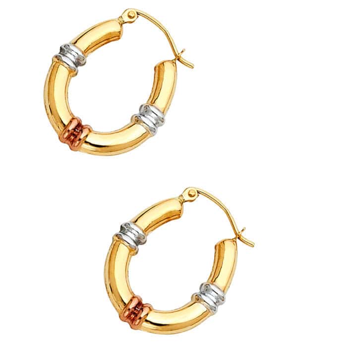 14K Tri Color Gold Fancy Hollow Hoop Earrings - Image 2
