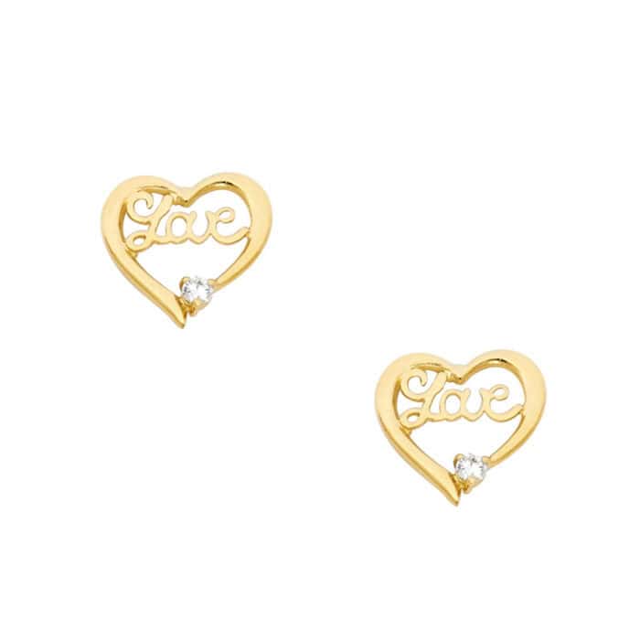 14K Yellow Gold LOVE Heart Cubic Zirconia Stud Earrings w/Screw - Image 3