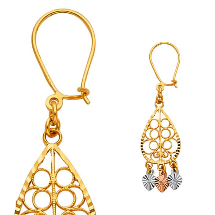 14K Tri Color Gold Diamond Cut Channeldelier Hanging Earrings - Image 3