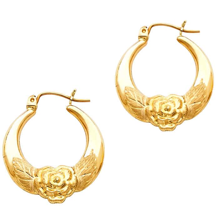 14K Yellow Gold Fancy Hollow Hoop Earrings - Image 2