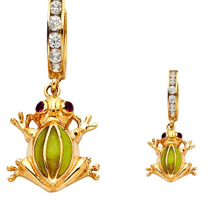 14K Yellow Gold Frog Cubic Zirconia Hanging Huggies Earrings - Image 2