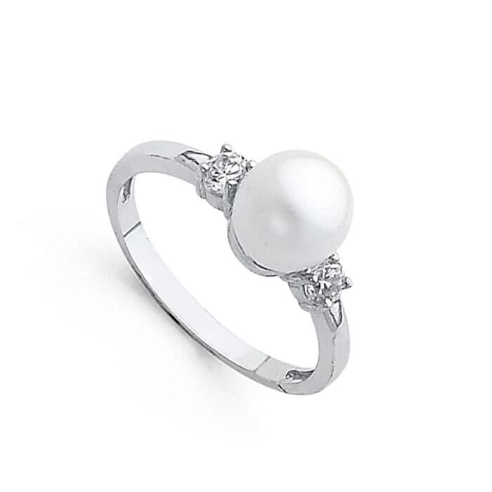14K White Gold 8mm Pearl & Cubic Zirconia Ring - Image 2