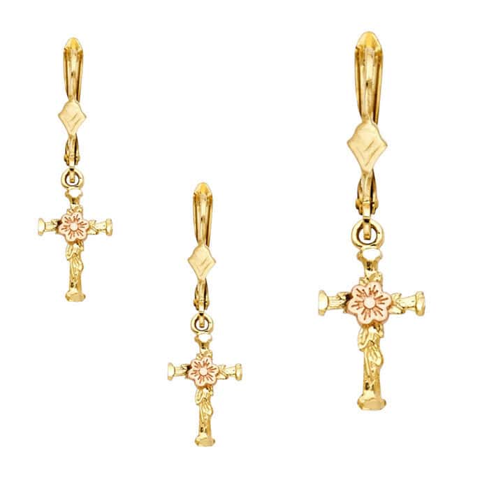 14K Two Tone Gold Hanging Cross Earrings - Image 2