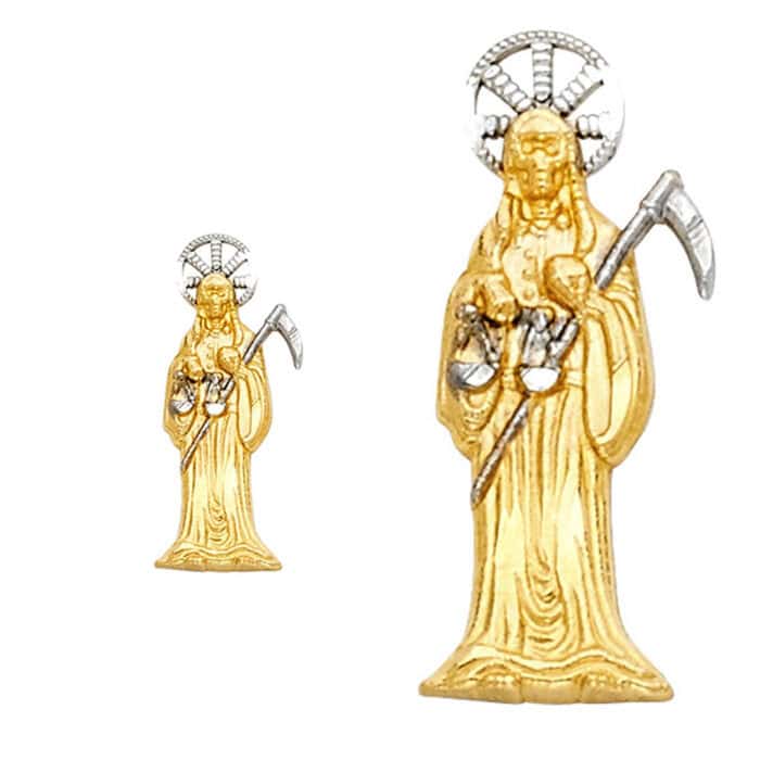 14K Two Tone Gold Santa Muerte Post Earrings - Image 2