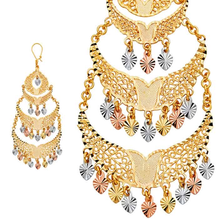 14K Tri Color Gold Dimond Cut Channeldelier Hanging Earrings - Image 3