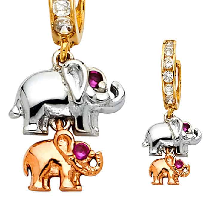 14K Tri Color Gold Cubic Zirconia Hanging Huggies Earrings - Image 2