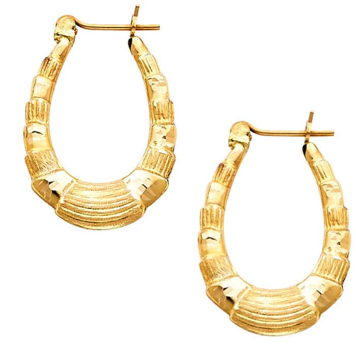 14K Yellow Gold Fancy Hollow Hoop Earrings - Image 2