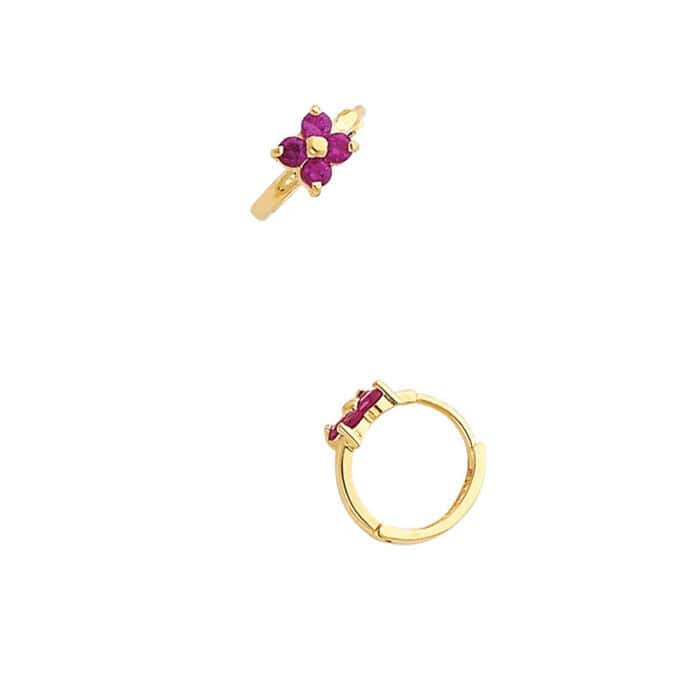 14K Yellow Gold Flower Cubic Zirconia Huggies Earrings - Image 2