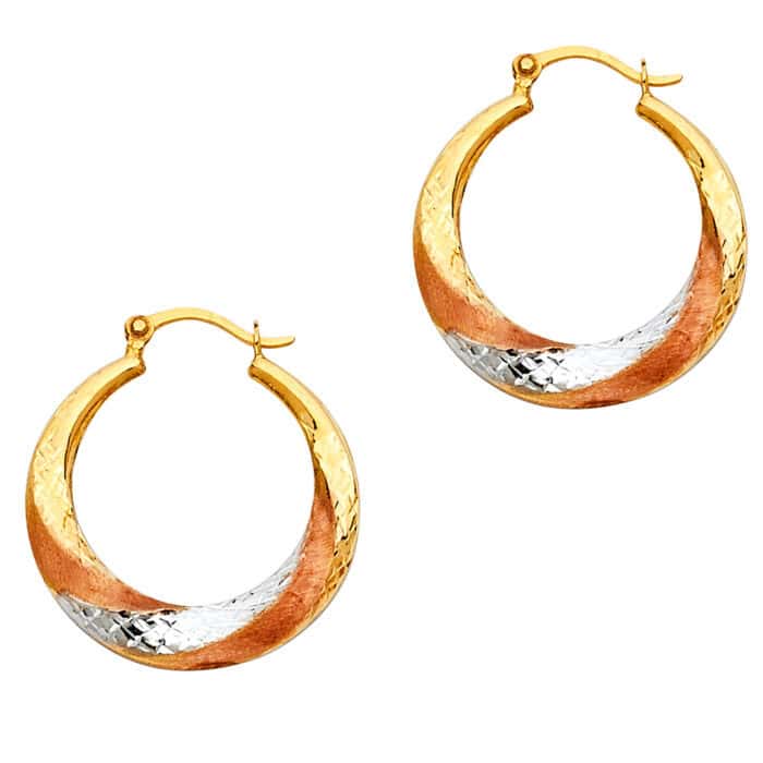 14K Tri Color Gold Fancy Hollow Hoop Earrings - Image 2