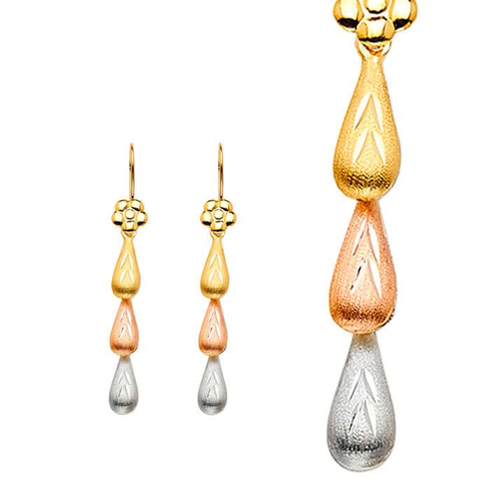 14K Tri Color Gold Hollow 3 TeardropS Hanging Earrings - Image 2
